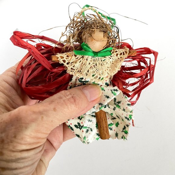 Handmade Cinnamon Angel Clothespin Girl Fabric Lace Christmas Ornaments Set of 2 - Picture 4 of 10